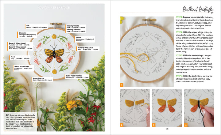 A spread from Sunny Stitches by Schiffer Publishing, Ltd. showcases a detailed butterfly hoop with wildflower borders, a reference color chart, and step-by-step photos—perfect for beginner embroidery projects.