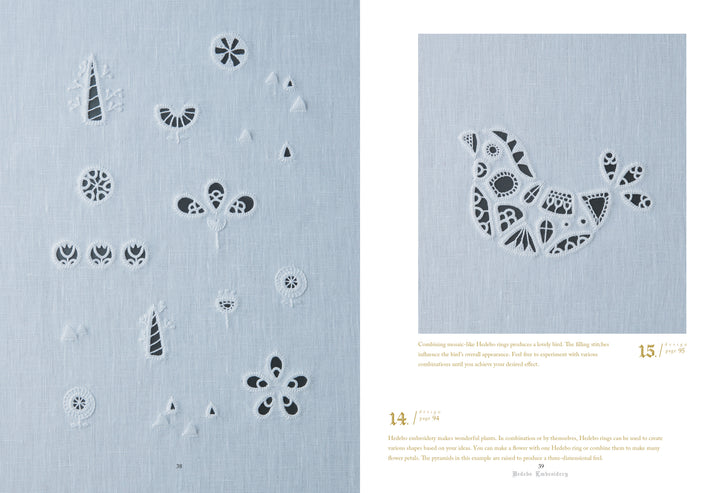 Whitework Embroidery from Schiffer Publishing, Ltd. features a light blue fabric with intricate whitework and cutwork—floral, leaf, and geometric motifs—plus a large bird on the right adorned with traditional white filling stitches in a clean layout.