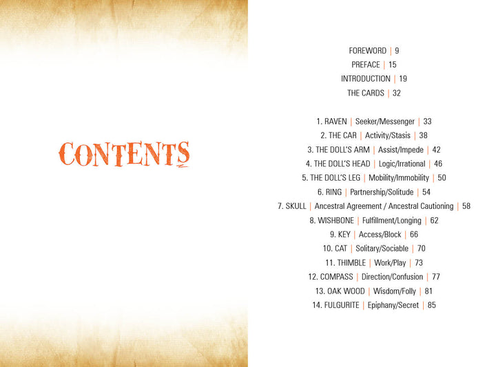 The "Between the Worlds" table of contents by Schiffer Publishing, Ltd. features a vintage yellow border, "CONTENTS" in orange on the left, and chapter titles—like bone-and-curio casting—plus page numbers in black on the right.