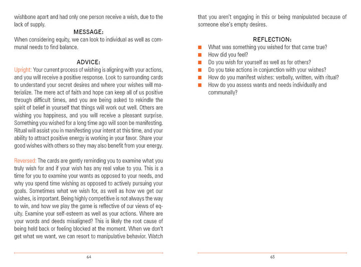 An open copy of "Between the Worlds" by Schiffer Publishing, Ltd. shows pages 64–65 with text on advice, card meanings (upright and reversed), reflection questions on wishes, and self-awareness. Headers appear in red and orange.
