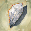 A watercolor illustration from "Between the Worlds" by Schiffer Publishing, Ltd.: a clear quartz crystal with angular facets casts a shadow. Styled like an oracle card, it features number 29 and QUARTZ POINT on a yellow-green background.