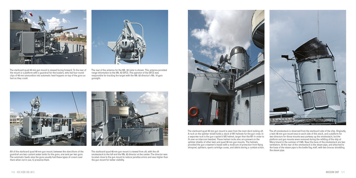 A two-page spread from Schiffer Publishing, Ltd.'s USS Kidd (DD-661) features photos of WWII destroyer gun mounts, radar, and ship equipment, with descriptive text highlighting the Fletcher-class vessel’s deck machinery.