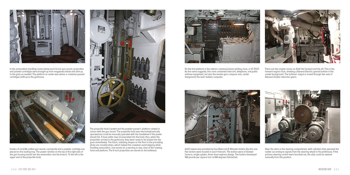 A collage of six photos displays mechanical rooms, control panels, and equipment aboard the WWII destroyer USS Kidd (DD-661), featuring pipes, wheels, levers, and gauges. Published by Schiffer Publishing, Ltd.