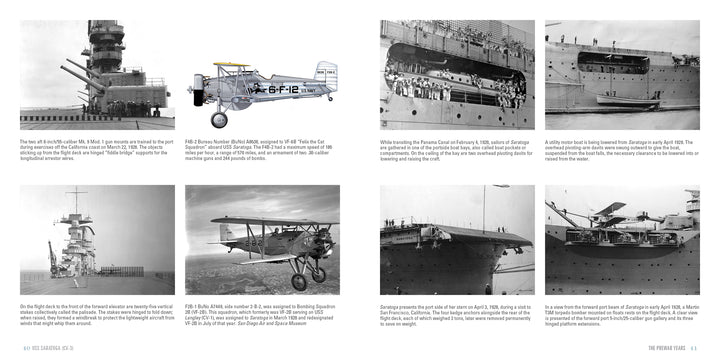 A collage from Schiffer Publishing, Ltd. features eight black-and-white historical images of U.S. Navy planes and ships, with aircraft on carrier decks, planes in flight, and the USS Saratoga (CV-3), plus descriptive captions.