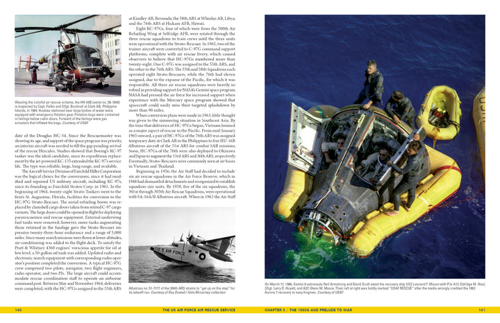 Left: A US Air Force Air Rescue Service crew aids a person into a helicopter with a stretcher. Right: US Air Force divers reach a floating Apollo capsule in a yellow raft, with astronauts waiting on top.
