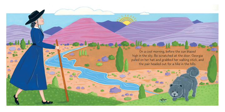A woman in a blue dress and black hat, inspired by American modernist art, walks her fluffy gray dog near a river beneath purple hills and a rising sun. "A Bone for Bo" by Schiffer Publishing, Ltd. appears as text on the right side.