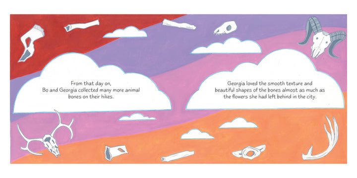 A vibrant American modernist-style scene for Schiffer Publishing, Ltd.’s "A Bone for Bo," features a pink, purple, and red sky, text in white cloud shapes, and scattered animal bones—skulls, antlers, and jawbones—around the border.