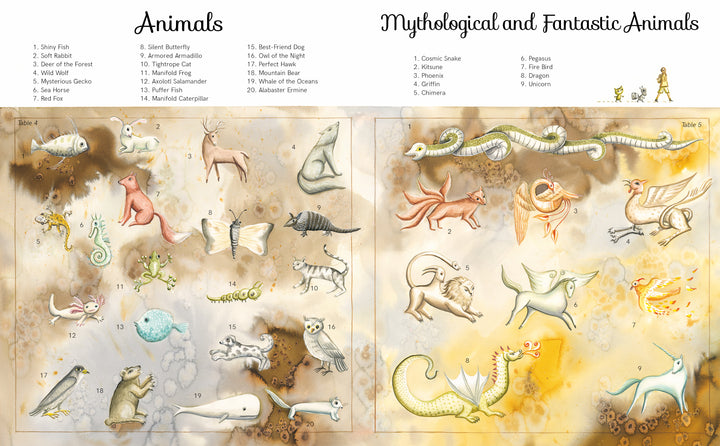 The "Encyclopedia of My Imaginary Friends" by Schiffer Publishing, Ltd. displays 20 real animals and 12 mythical creatures in playful colors, each numbered and listed in columns labeled Animals and Mythological and Fantastic Animals.