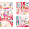 In Schiffer Publishing, Ltd.'s "Encyclopedia of My Imaginary Friends," a person and their cat—an imaginary friend—explore a pink, whimsical art museum of pastel animal paintings on curved walls in a dreamy landscape.