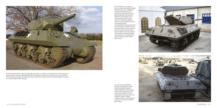 The image shows three WWII tanks: a green Sherman chassis on grass (left), and two gray tanks, including an M10 Gun Motor Carriage by Schiffer Publishing, Ltd., parked near a tent, display, and building (right).
