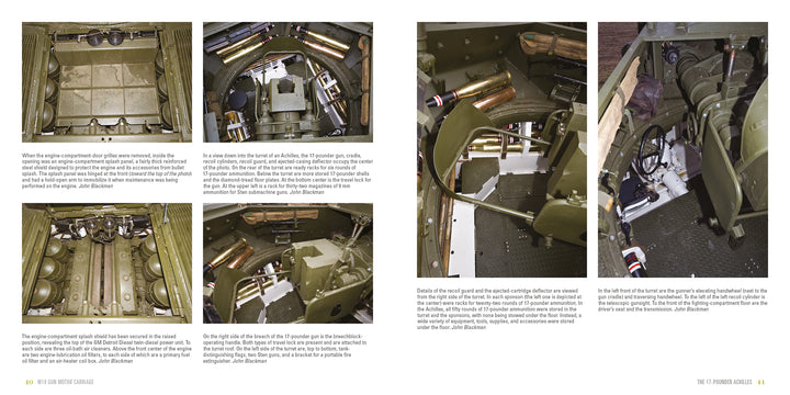 A two-page spread in Schiffer Publishing, Ltd.'s "M10 Gun Motor Carriage" shows interior photos of the WWII tank destroyer—seats, controls, shells, Sherman chassis machinery—with detailed text next to each image.