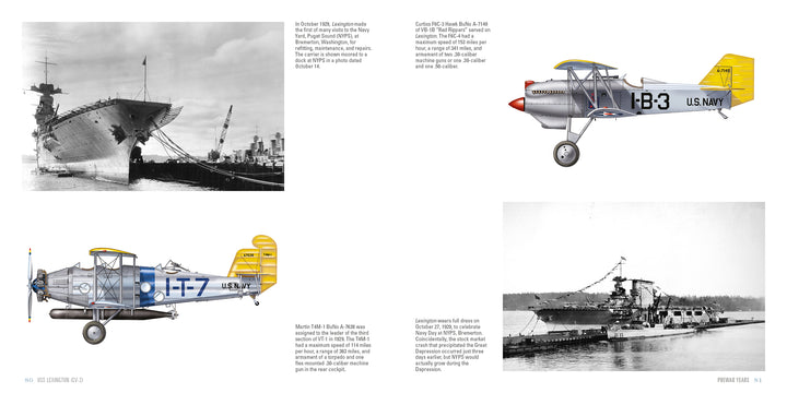 A historical collage: two black-and-white photos of a biplane landing on USS Lexington (CV-2) and two color side-view illustrations of a silver and yellow U.S. Navy biplane marked “I-B3” and “I-T7.” Brand: Schiffer Publishing, Ltd.