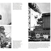 A book or magazine spread from Schiffer Publishing, Ltd.’s “USS Lexington (CV-2)” showcases five black-and-white historical photos of the carrier’s construction and equipment, complete with captions and informative text on shipbuilding activities.