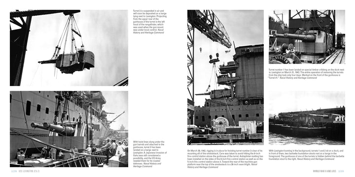 A book or magazine spread from Schiffer Publishing, Ltd.’s “USS Lexington (CV-2)” showcases five black-and-white historical photos of the carrier’s construction and equipment, complete with captions and informative text on shipbuilding activities.