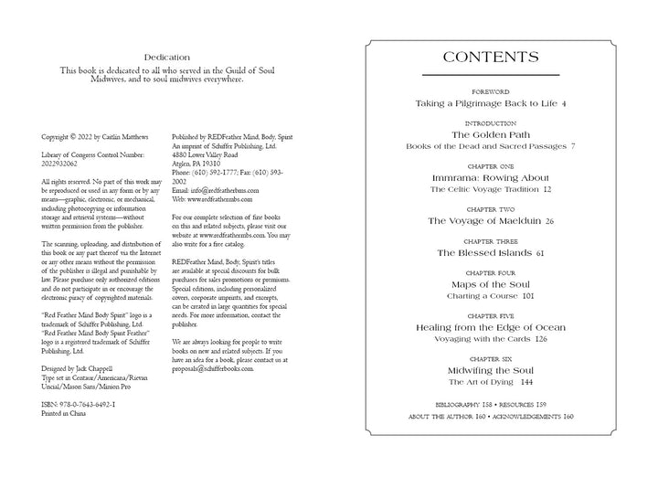 A two-page spread: left page shows dedication, copyright, and Schiffer Publishing, Ltd. details; right page lists the table of contents for Celtic Book of the Dead, including The Voyage of Maelduin chapters with page numbers.