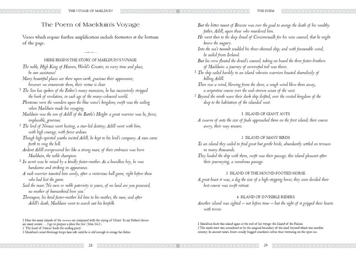 Two pages from Schiffer Publishing, Ltd.’s Celtic Book of the Dead display "The Poem of Maeldune’s Voyage," inspired by the Voyage of Maelduin, with double columns, footnotes, indented lines, and section headings.