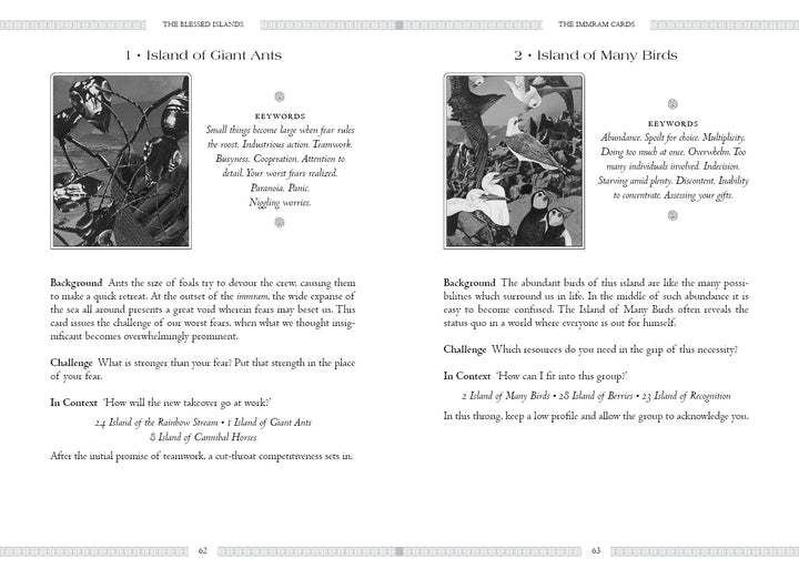 Two pages from Schiffer Publishing's *Celtic Book of the Dead* feature imaginary islands, each with black-and-white art, keywords, lore, a challenge, and related islands in a clean, minimalist style reminiscent of Celtic oracle cards.