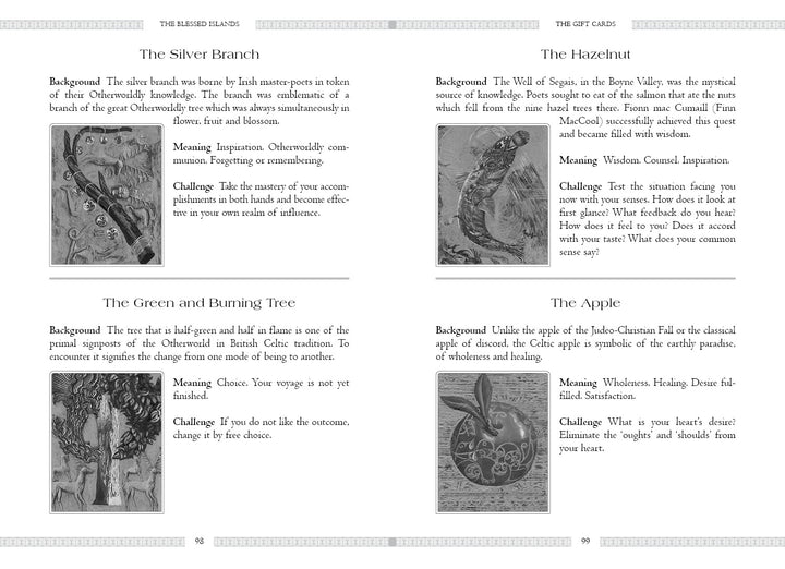 A page from Schiffer Publishing's Celtic Book of the Dead shows four oracle cards—The Silver Branch, The Hazelnut, The Green and Burning Tree, and The Apple—each featuring an illustration, background, meaning, and challenge.