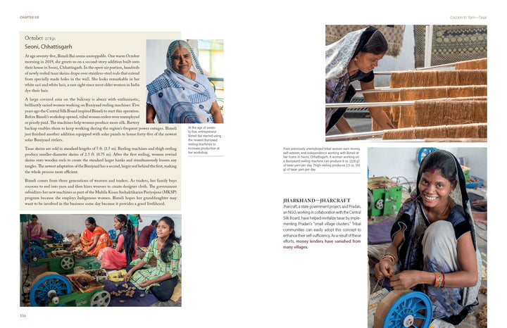 In Search of Wild Silk by Schiffer Publishing, Ltd. showcases Indigenous Indian artisans: one spins yarn, another weaves sustainable silk on a loom, and several smile as they practice traditional craftwork with spinning wheels and fibers.