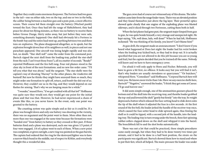 A two-page spread from "Vampir" by Schiffer Publishing, Ltd. on pages 36–37 features dense text in a standard serif font. The chapter, "Death and Killing," details the experiences of a WWII night-fighting machine gunner. No images are shown.