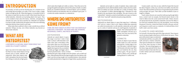 A two-page spread from Schiffer Publishing, Ltd.'s "The 50 State Unofficial Meteorites" features text and images about meteorites, asteroids, and comets. Colorful headings highlight definitions and fun facts with photos of space rocks and planets.