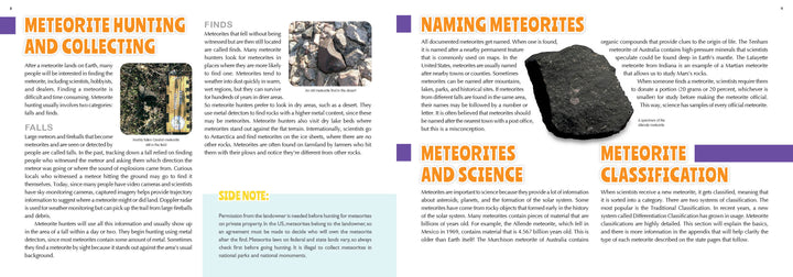 A two-page spread from The 50 State Unofficial Meteorites by Schiffer Publishing, Ltd., covers meteorite hunting, collecting, naming, science, classification, state-specific facts, photos of rocks, and side notes for kids.