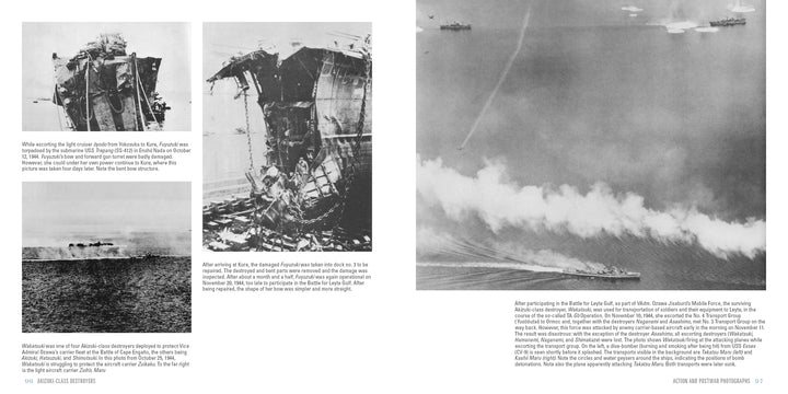 A two-page spread from Schiffer Publishing, Ltd.'s "Akizuki-Class Destroyers" features black-and-white photos of damaged WWII warships at sea, with captions and text detailing historic naval battles and Akizuki-class destroyers.