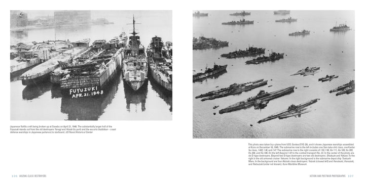 Two black-and-white photos from Schiffer Publishing, Ltd.'s "Akizuki-Class Destroyers" show Japanese Navy ships docked at Sasebo in 1946 (left) and WWII warships—notably destroyers and submarines—grouped in a harbor (right).