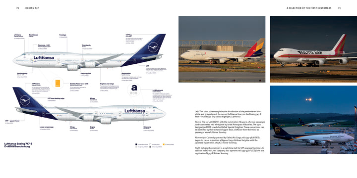 A diagram of a Boeing 747 from Schiffer Publishing, Ltd. with labeled parts is on the left, while three photos on the right show various Boeing 747 cargo and passenger jets at airports.