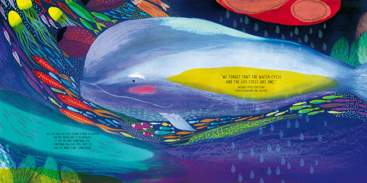 A whimsical illustration, like a picture book, shows a white whale named Infinity swimming among vibrant plants and abstract shapes. A yellow speech bubble shares a quote on water and nature. From Schiffer Publishing, Ltd.
