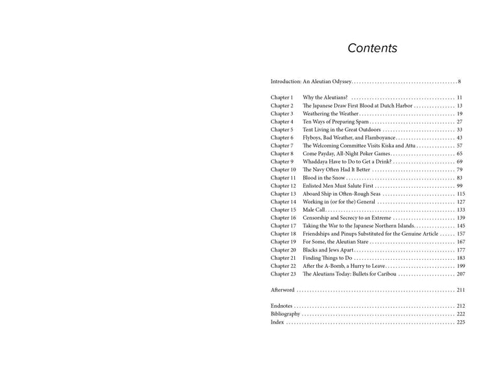 A table of contents page from "Awaiting the Sun" by Schiffer Publishing, Ltd., lists chapters from the introduction on page 8 to the bibliography on page 225, including coverage of the Aleutian Islands in World War II.
