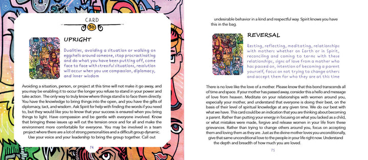 The Powerful Perspectives guidebook by Schiffer Publishing, Ltd. features the Mother card with a vivid left-page illustration and upright guidance, while the right page explores reversal meanings and imagery to inspire empowerment.