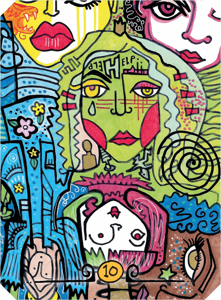 Powerful Perspectives" by Schiffer Publishing, Ltd. is a colorful abstract artwork with stylized faces—one green with red cheeks and a teardrop—amid swirling patterns, stars, lips, eyes, flowers, bold lines, and the number 10, evoking oracle deck guidance.