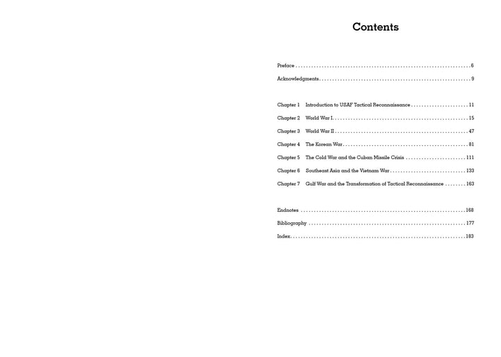 The table of contents in "Tac Recon" by Schiffer Publishing, Ltd. lists chapters on major wars, Air Force and tactical reconnaissance missions, Southeast Asia operations, plus bibliography and endnotes.