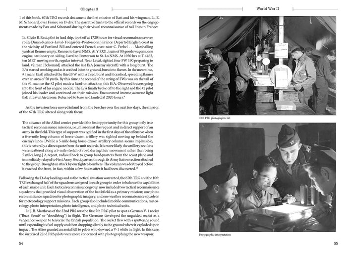 Two black-and-white photos from "Tac Recon" by Schiffer Publishing, Ltd. show WWII Air Force soldiers: one group uses a plotting instrument; another studies maps around a light table—capturing focused reconnaissance teamwork.