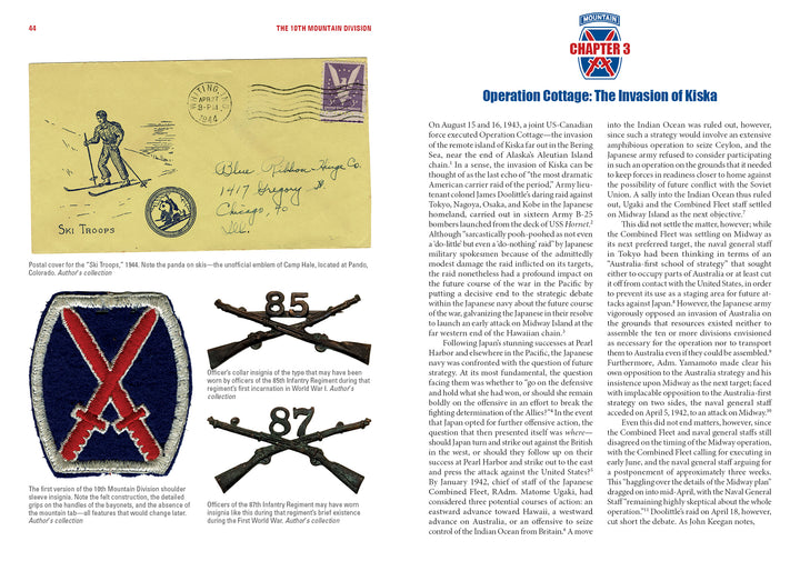 A vintage envelope featuring Ski Troops, crossed rifles with 85 and 87 insignias, and a text page titled Operation Cottage: The Invasion of Kiska—recalling the valor of The 10th Mountain Division by Schiffer Publishing, Ltd.