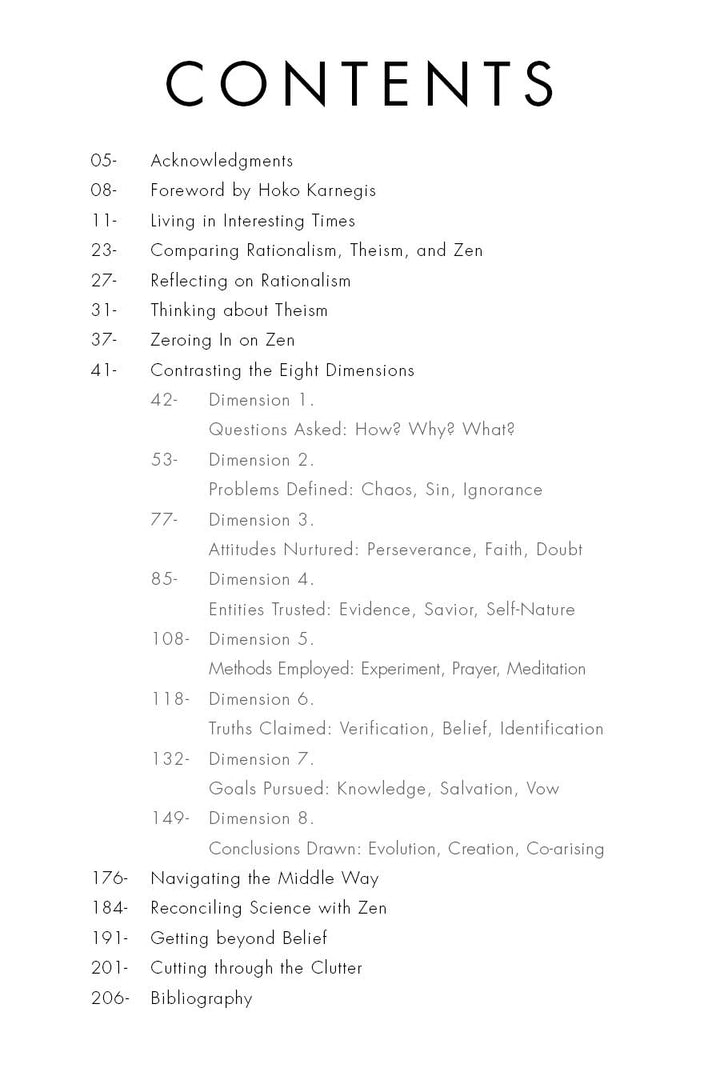 The Razorblade of Zen by Schiffer Publishing, Ltd. features a table of contents with chapter titles on rationalism, theism, Zen Buddhism, the Eight Dimensions, change, values, self-examination, and science versus Zen.