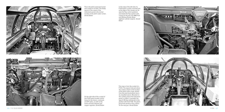 Four black and white photos reveal detailed P-61 Black Widow night fighter cockpits—dials, gauges, wiring—with descriptive center text in this Schiffer Publishing, Ltd. Legends of Warfare: Aviation edition.