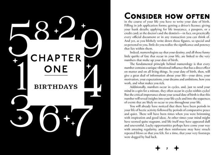 In The Magic of Numbers by Schiffer Publishing, Ltd., a spread titled "Chapter One Birthdays" shows large numbers 1-9 in a circle on the left and detailed text on the right exploring Destiny Numbers and their impact on your life.