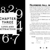 A page from The Magic of Numbers by Schiffer Publishing, Ltd. features large numbers in the background and a center box labeled "Chapter Three: Love and Attraction," with the opposite page covering name numerology and Destiny Numbers in relationships.