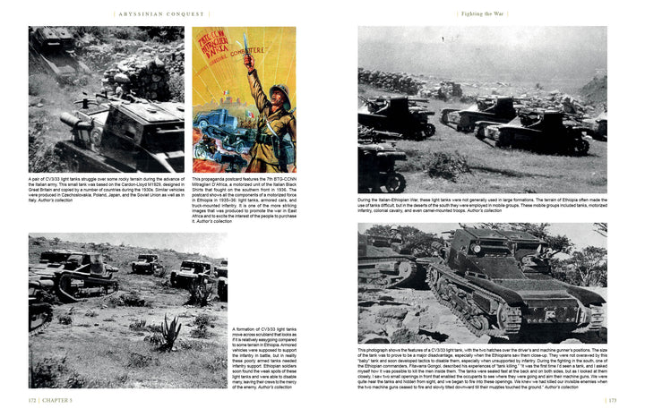 Abyssinian Conquest by Schiffer Publishing, Ltd. features a two-page spread with black-and-white photos of tanks and soldiers, a color propaganda poster, and text about Italian warfare during the Italian-Ethiopian War.