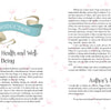Two pages from Dream Your Joy Oracle Cards by Schiffer Publishing, Ltd.: the left has a blue INTRODUCTION banner titled A Note on Health and Well-Being; the right, inspired by dream meditation cards, is an Author’s Note with dandelion seeds in the background.
