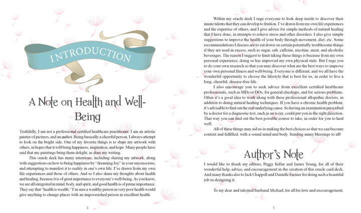 Two pages from Dream Your Joy Oracle Cards by Schiffer Publishing, Ltd.: the left has a blue INTRODUCTION banner titled A Note on Health and Well-Being; the right, inspired by dream meditation cards, is an Author’s Note with dandelion seeds in the background.