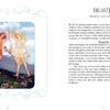 A vibrant book spread: Left page—two women in flowing dresses dance in a flower field. Right page—title "Dream Your Joy Oracle Cards" by Schiffer Publishing, Ltd. with text inspired by meditation and self-care.