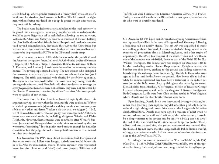 Two pages (130-131) of "The Last Mission of Lady Jane II" by Schiffer Publishing, Ltd. cover WWII war crimes, executions of Nazi officers, memorials, and the B-17G Lady Jane II, featuring a text-heavy layout with sections and paragraphs.