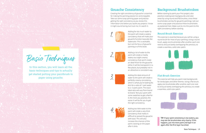Gorgeous Gouache by Schiffer Publishing, Ltd. is a two-page art tutorial on gouache painting with pastel pink and white text. The left page covers Basic Techniques, while the right shows stroke examples, consistency tips, and brushstroke exercises.