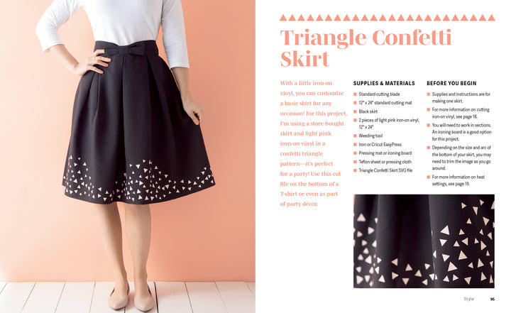 A woman wears a black midi skirt with light pink triangle confetti near the hem. Easy Cricut® Crafts by Schiffer Publishing, Ltd. features DIY tutorials, supply lists, and SVG files—perfect for recreating this unique skirt design.