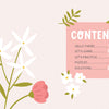 A floral-themed table of contents from KindKids Crosswords by Schiffer Publishing, Ltd., features pink and white flowers on the left and a pink box listing: Hello There! 07, Let’s Learn 08, Let’s Practice 10, Puzzles 15, Solutions 88.