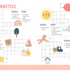 The KindKids Crosswords by Schiffer Publishing, Ltd. features colorful kids’ puzzles with cute cartoon illustrations and uplifting messages. Clues cover animals, fruits, weather, and vehicles, with drawings of a sun, unicorn, bear, strawberry, and star.