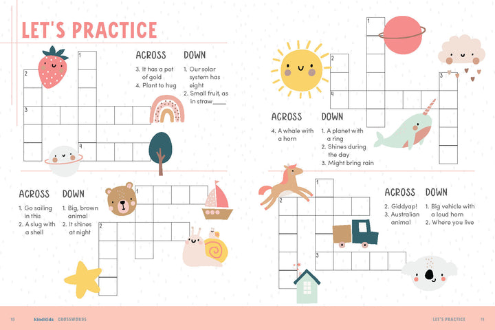 The KindKids Crosswords by Schiffer Publishing, Ltd. features colorful kids’ puzzles with cute cartoon illustrations and uplifting messages. Clues cover animals, fruits, weather, and vehicles, with drawings of a sun, unicorn, bear, strawberry, and star.